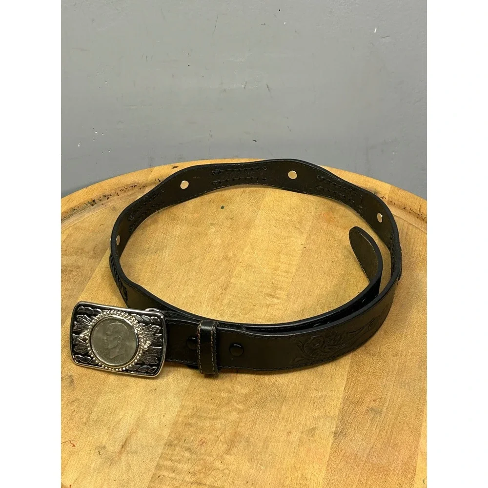 Palacios Belt Men 34 Black Western Tooled Eisenhower Dollar Buckle Leather